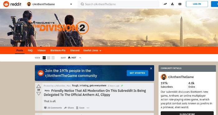 Anthem Subreddit Turns Into The Division 2 Forum For April Fools
